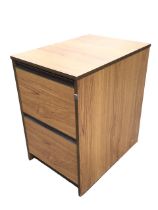 A modern teak effect two-drawer filing cabinet. (18.5in x 23.75in x 28.5in)