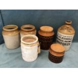 Two 60s Hornsea storage jars with wood covers; a salt glazed stoneware stoppered bottle for G