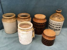 Two 60s Hornsea storage jars with wood covers; a salt glazed stoneware stoppered bottle for G