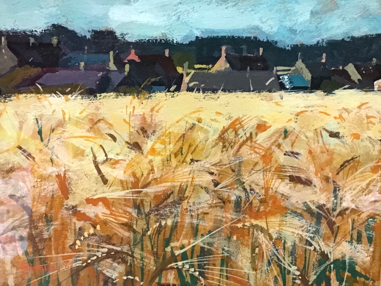 Eric Huntley, oils on card, coastal village in sunlight, titled Tweedside - Summer Evening on - Image 2 of 3