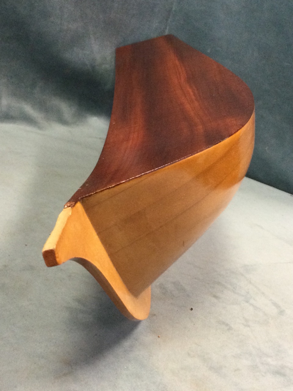 A beech carved half-hull model of a ketch, the boat with mahogany deck. (30.25in) - Image 3 of 3