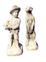 A composition stone garden meerkat figurine, the beast standing on his haunches; and a garden statue