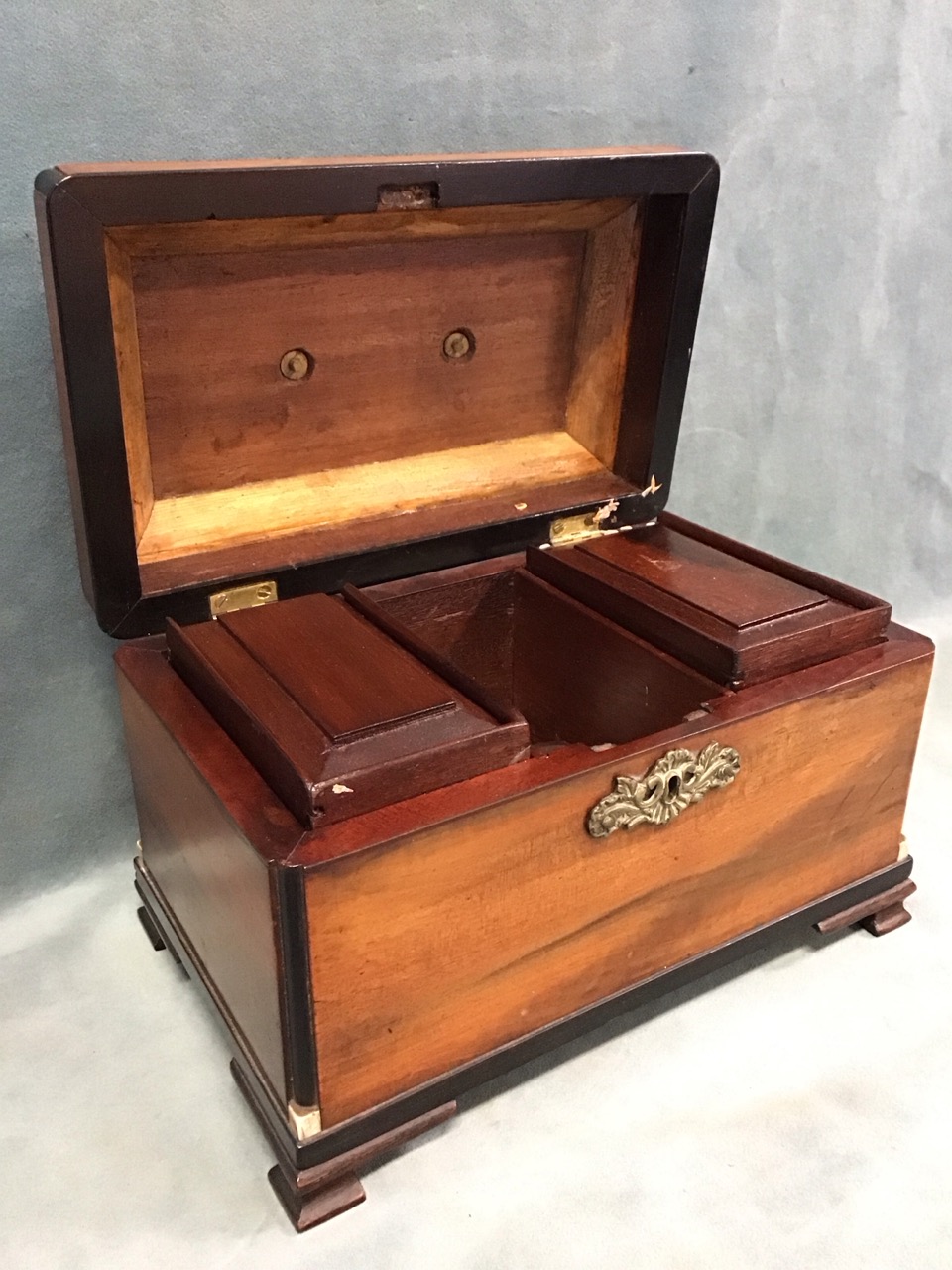 A George III ebony moulded mahogany tea caddy with cavetto moulded cover, fitted with brass swan- - Image 2 of 3