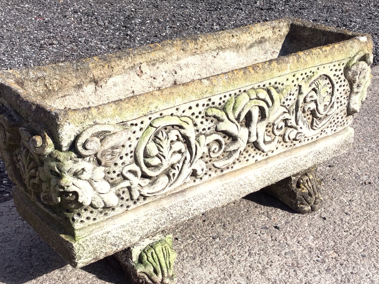 A pair of rectangular composition stone troughs with foliate scrolled moulded decoration to panelled - Image 3 of 3