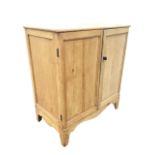 A Victorian pine cupboard with moulded panelled doors above a shaped apron, raised on bracket