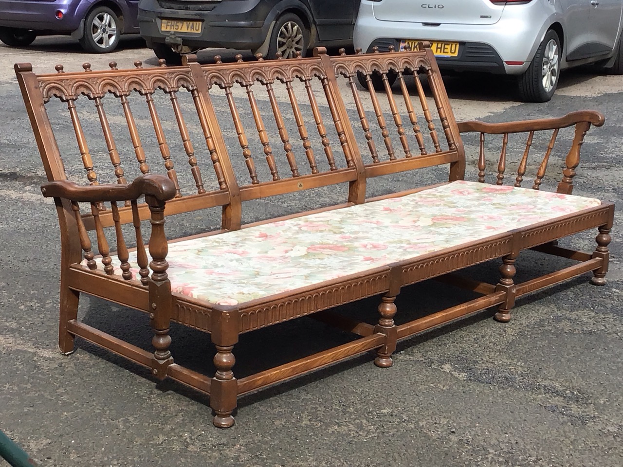 An Ercol elm Old Yorkshire pattern three-seater sofa with turned spindle back with carved - Image 3 of 3