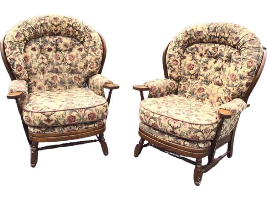 A pair of stained beech armchairs, the hooped spindle backs with loose button upholstered - Image 2 of 3