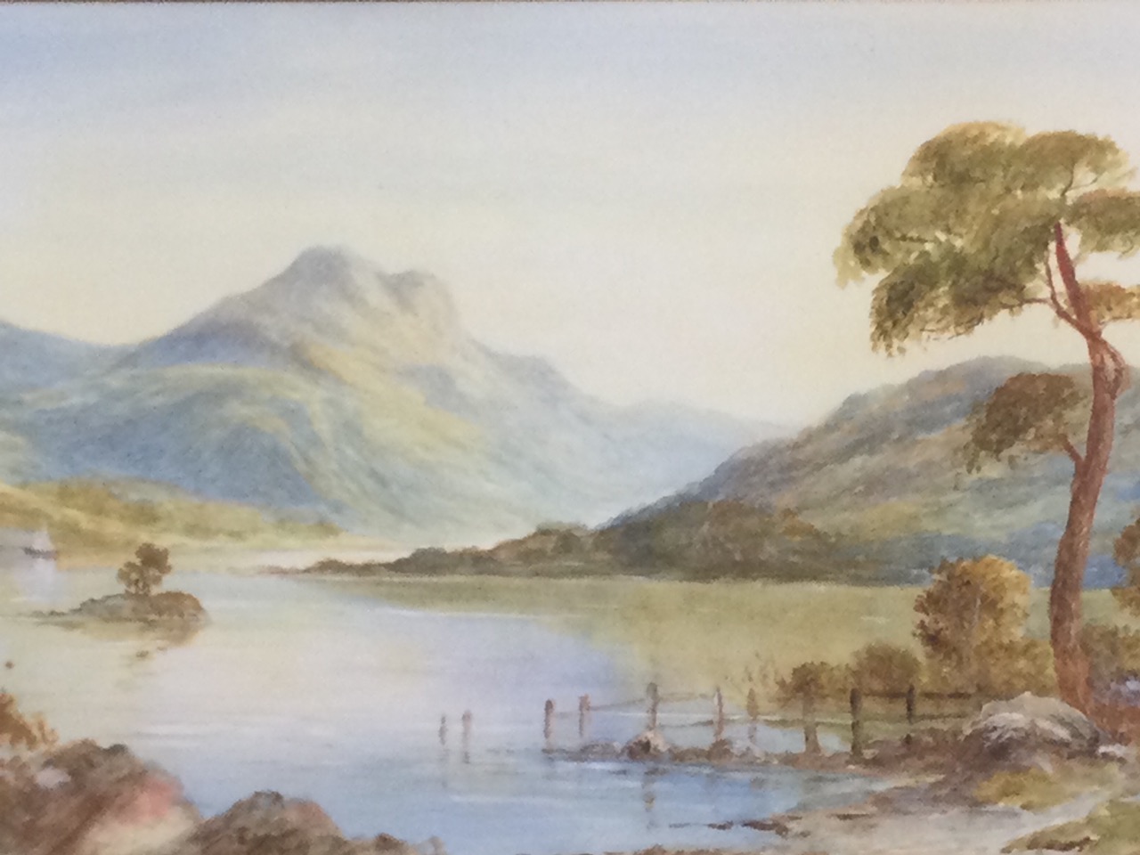 J Douglas, watercolour, loch landscape with sailing boat and tree to foreground, signed, - Image 2 of 3