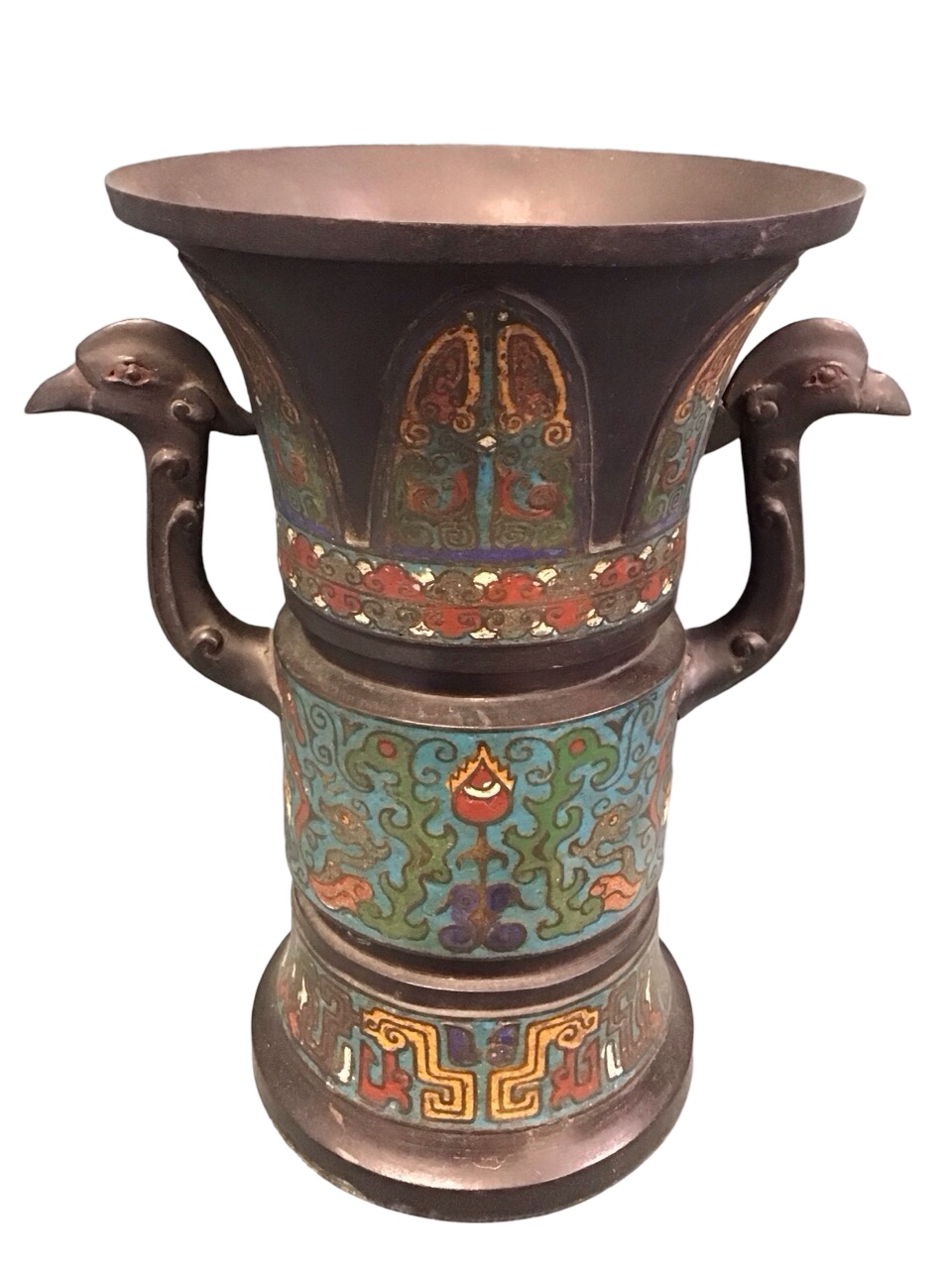 A Chinese bronze and champlevé enamel zum flared cylindrical vase, with bands of archaistic motifs