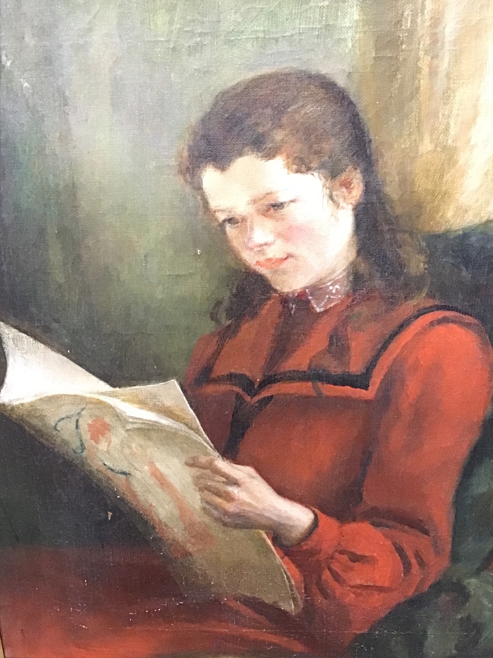 An Edwardian oil on canvas, portrait of a young girl in red dress seated by a window reading a - Image 2 of 3