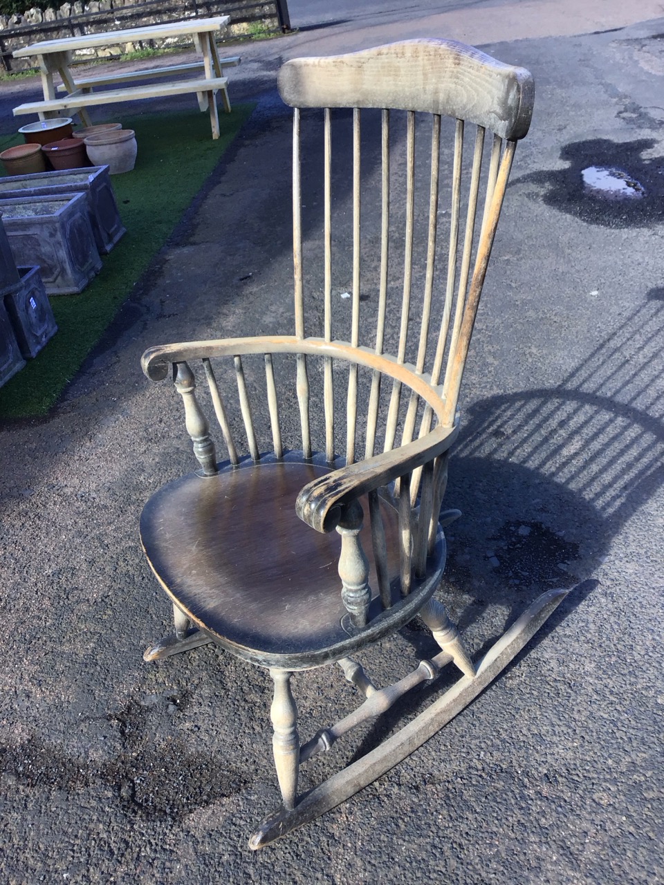 A beech rocking chair with shaped rail back on spindles above a scrolled smokers bow type arm, the - Image 3 of 3