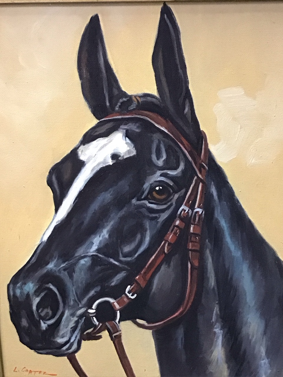 L Cortez, oils on canvas laid on board, horse portraits, a black with white star & stripe, and a - Image 2 of 3