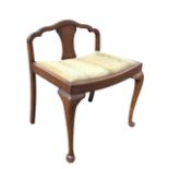 A 30s mahogany Queen Anne style chair stool with shaped back and solid splat above an upholstered