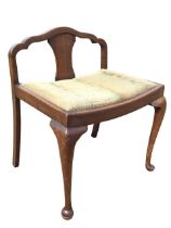 A 30s mahogany Queen Anne style chair stool with shaped back and solid splat above an upholstered