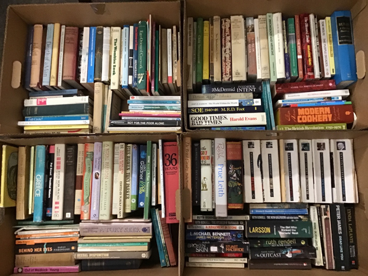 Four boxes of miscellaneous books - contemporary novels, hardbacks, history, travel, social work &