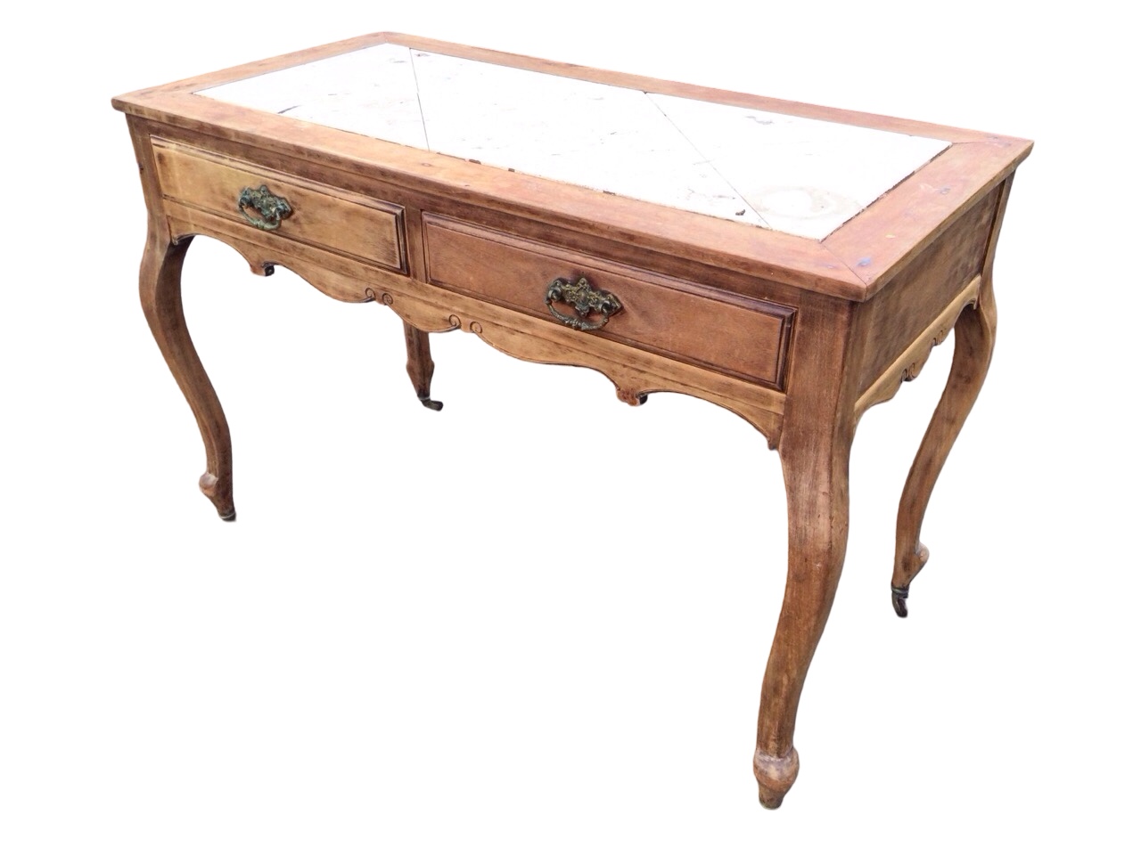 A French Louis XV provincial style pine and walnut side table, the rectangular top inset with