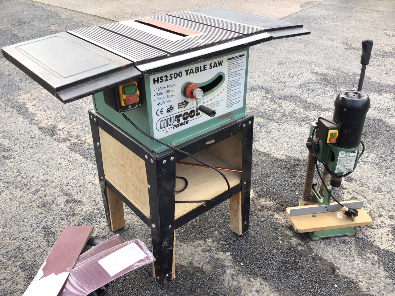 A Nutool 1500w electric table saw on adjustable stand; a Nutool morticing machine on pillar stand; - Image 3 of 3