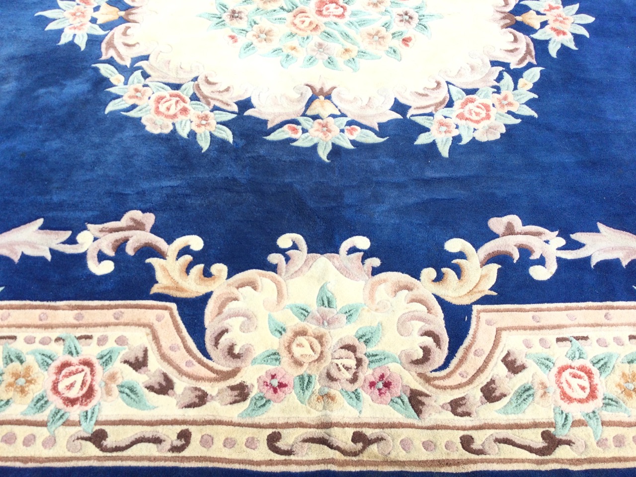 A rectangular Chinese aubusson style rug with central floral medallion on a deep blue ground - Image 3 of 3