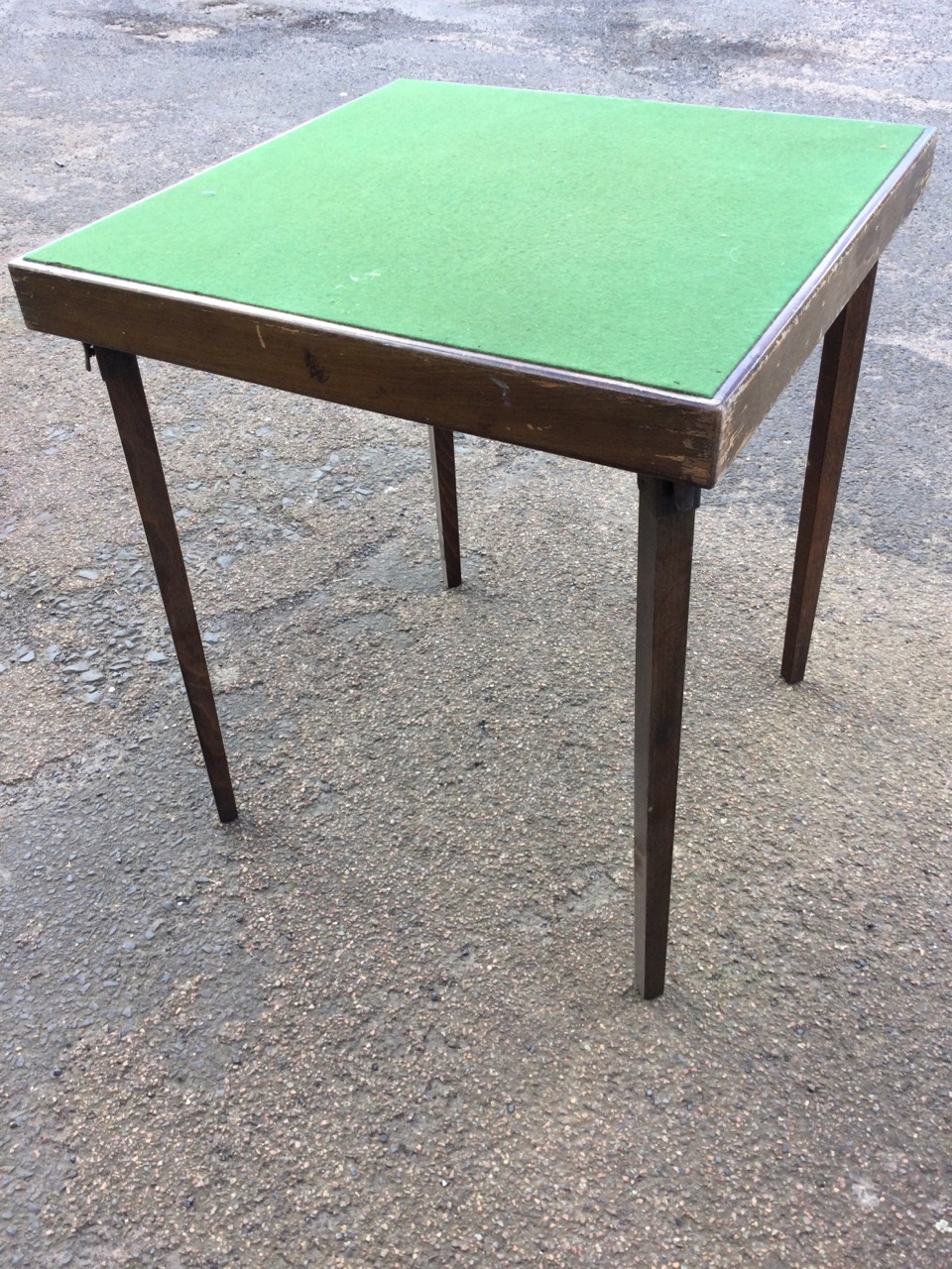 A 2ft Vono ‘fold-away’ square card table with baize lining on square tapering legs. (24in)