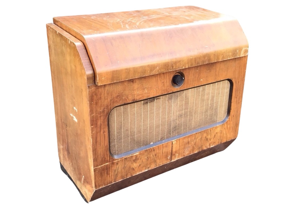 A 50s walnut cased Ferguson radiogram, the sloped lid to cabinet enclosing turntable, radio dial & - Image 2 of 3