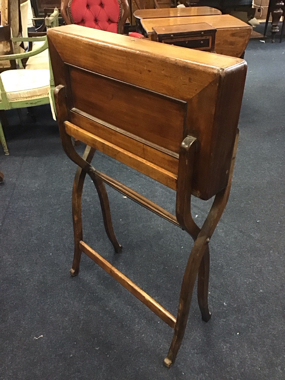 An Edwardian mahogany campaign writing desk with panelled sides and brass fittings enclosing a - Image 2 of 3