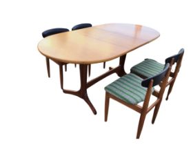 A 70s teak dining table and chair set by Sutcliffe Furniture, the oval top with integral leaf on