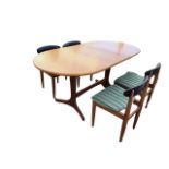 A 70s teak dining table and chair set by Sutcliffe Furniture, the oval top with integral leaf on