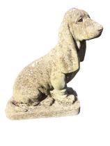 A composition stone basset hound, the animal seated on plinth. (20in)
