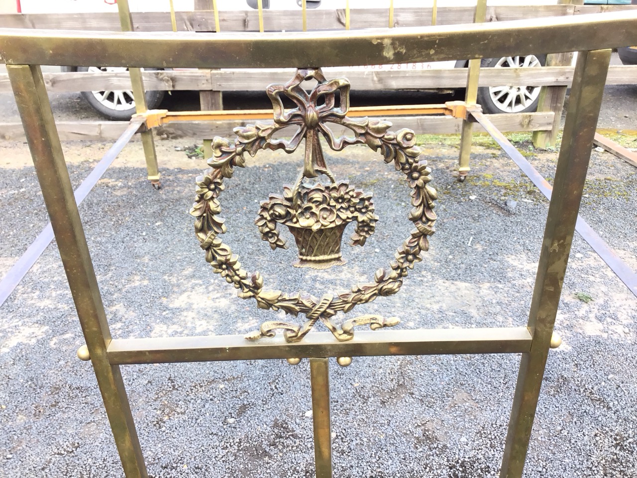 An Edwardian brass bed, the square cornerposts with cappings having applied ribbon bow decoration, - Image 3 of 3