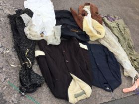 Miscellaneous vintage clothing including sheepskin coats, a wedding dress, Frank Usher, a gents