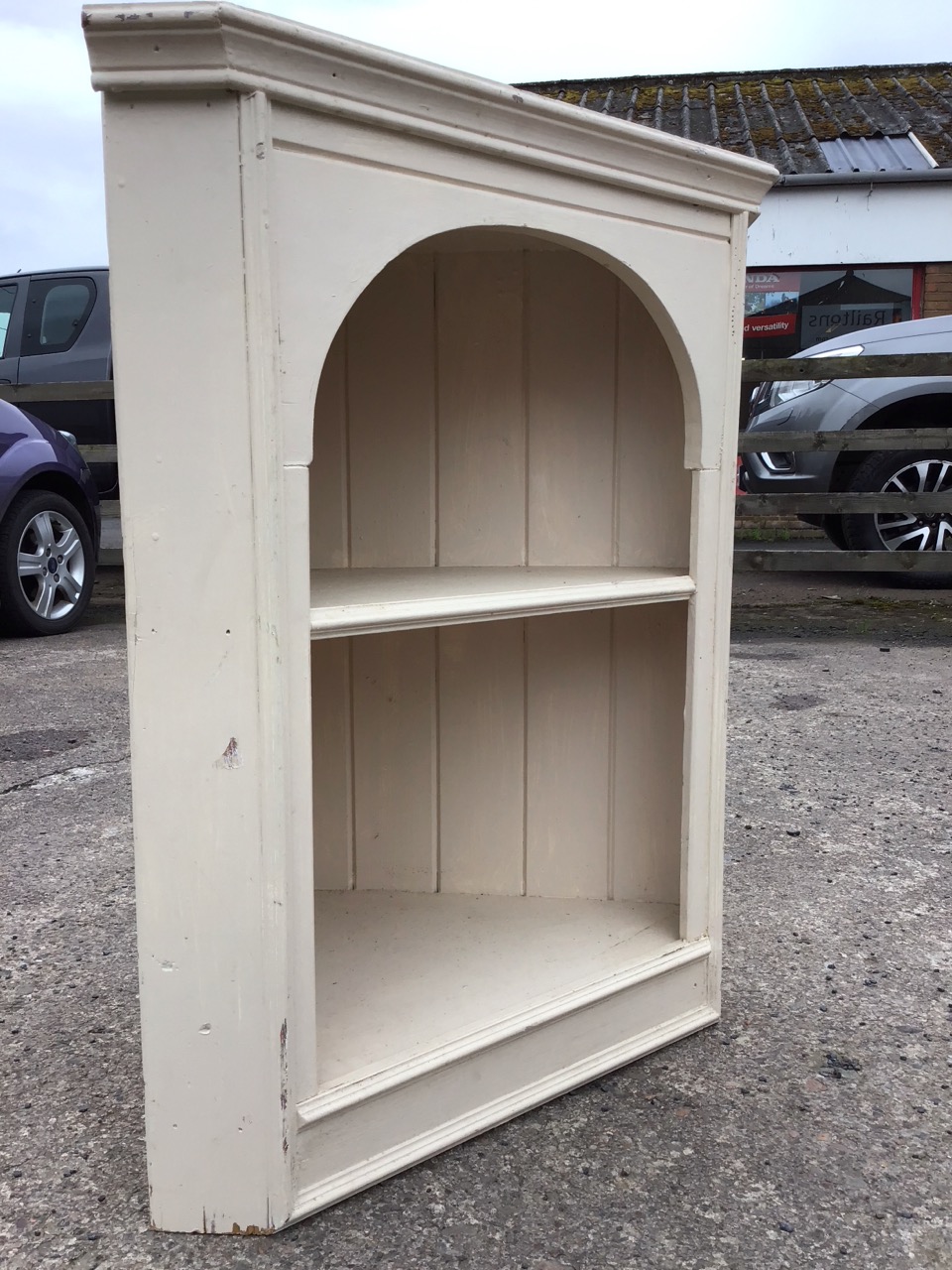 A painted pine corner cabinet with moulded cornice above an arched aperture framing two shelves - Image 2 of 3