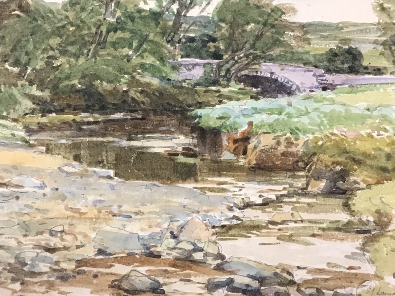Samuel Lamorna Birch, watercolour, river landscape with stone bridge, inscribed, signed & dated - Image 3 of 3