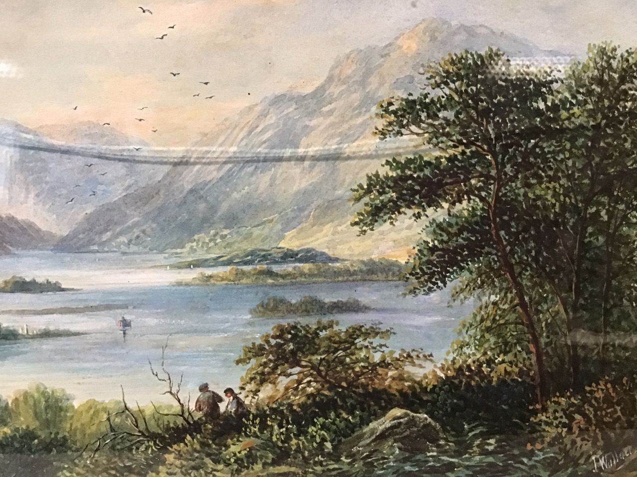 J Wallace, C19th watercolour, lake landscape with figures in foreground, signed, mounted & gilt - Image 3 of 3