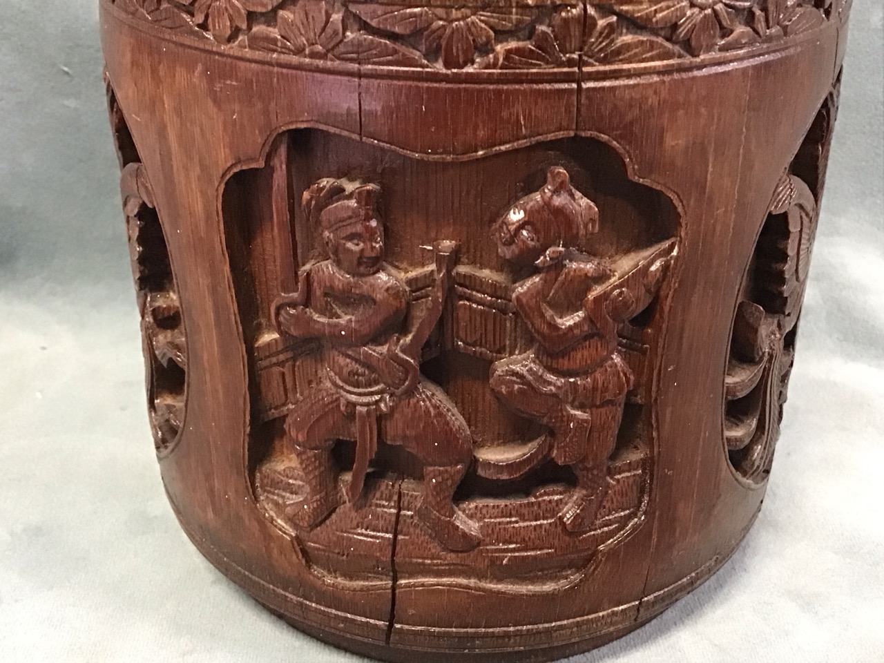 A C19th Chinese bamboo brush pot carved with panels of phoenixes, warriors and courtly figures in - Image 3 of 3