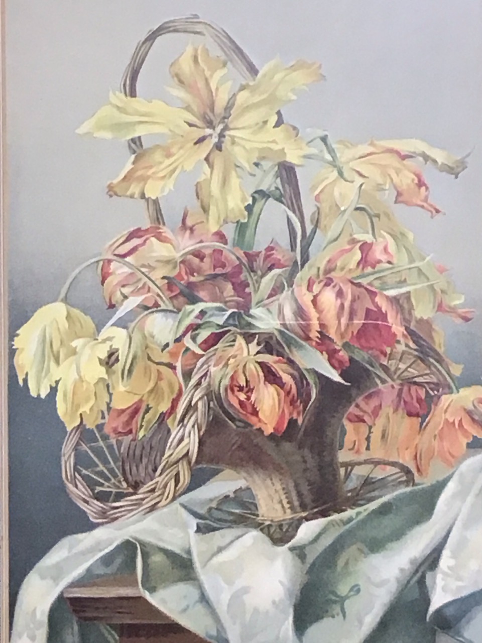 Two Victorian chromolithograph prints - a basket of tulips - 7.5in x 11.25in and frosted winter - Image 3 of 3