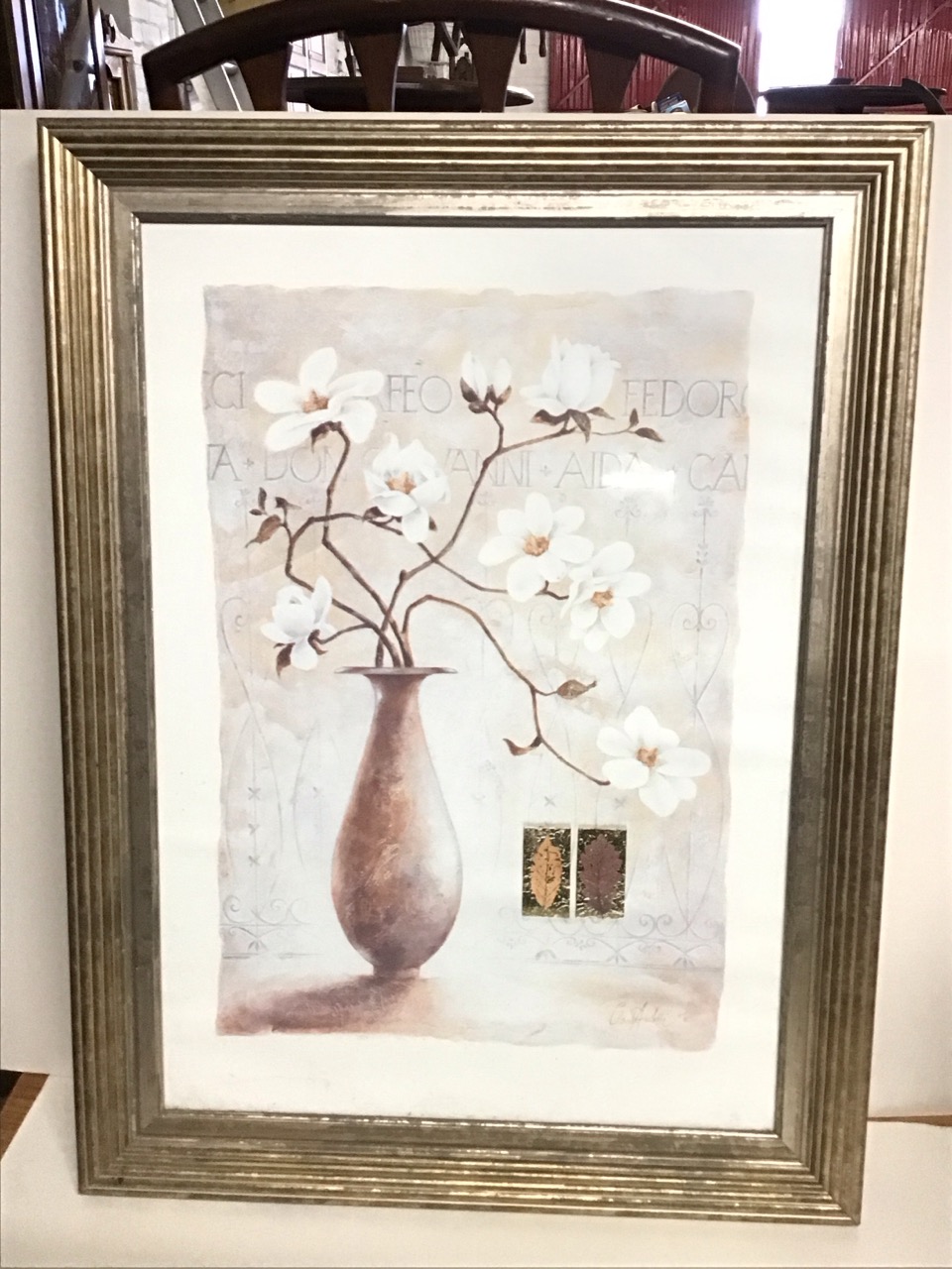 Coloured lithograph, magnolia in a vase with opera titles and metallic leaf details, indistinctly - Image 3 of 3
