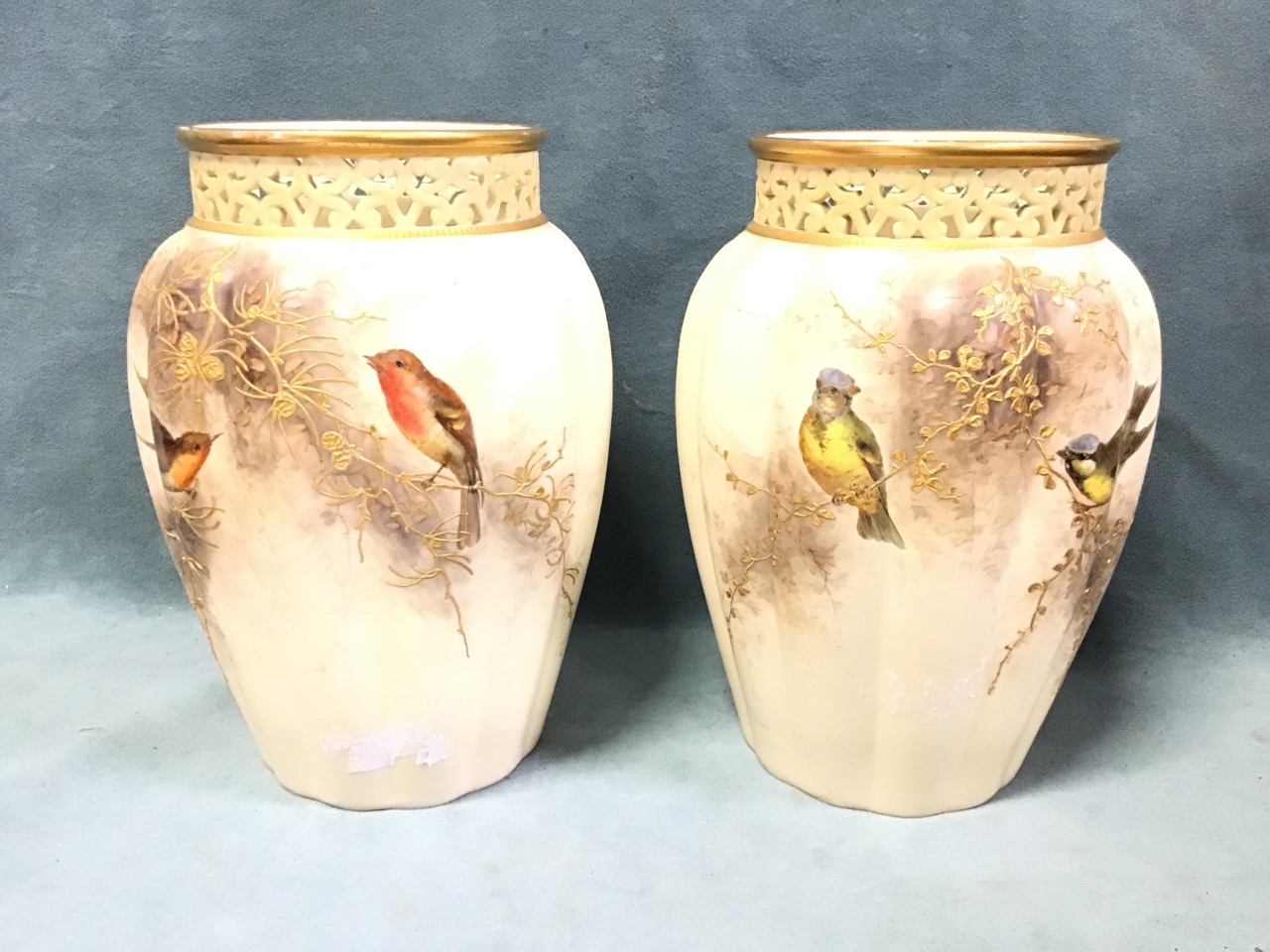 A pair of C19th Grainger & Co Royal China Works Worcester handpainted porcelain lobed vases with