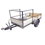 A rectangular trailer with wood boards on angleiron frame with sprung axel, the wheels having