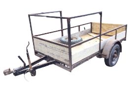 A rectangular trailer with wood boards on angleiron frame with sprung axel, the wheels having