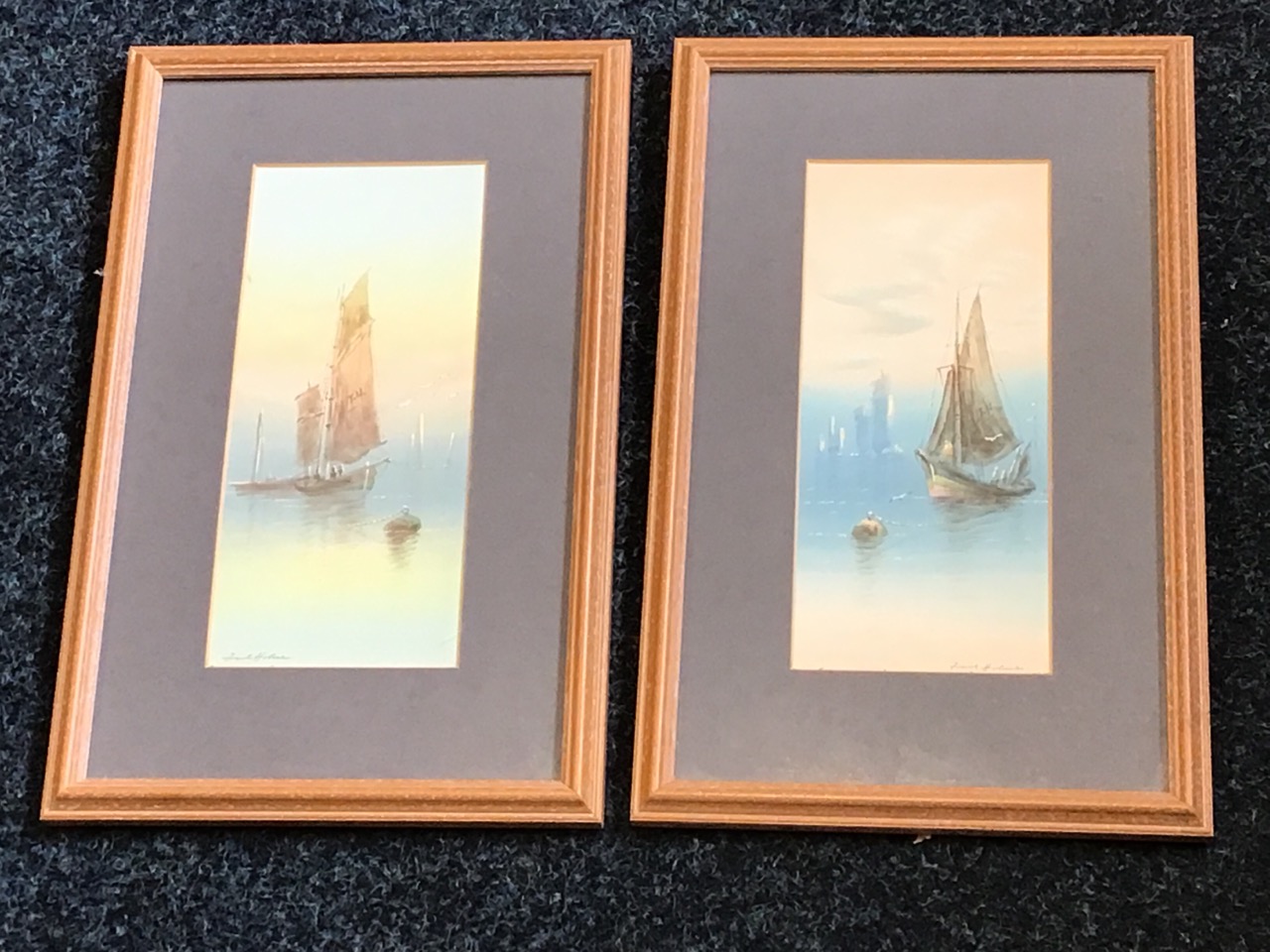 Frank Holme, watercolours, a pair, sailing boats at sea with gulls, signed in pencil, mounted &