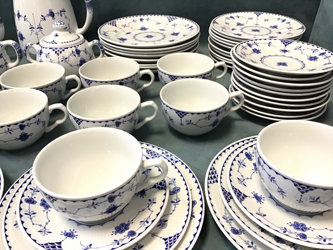 A Johnson Brothers dinner service in the Denmark Blue pattern with cups, saucers, plates, teapot, - Image 3 of 3