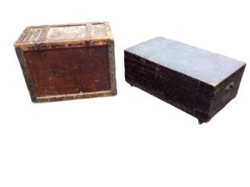A panelled storage box with twin hasps; and a Victorian pine trunk with iron mounts and carriage