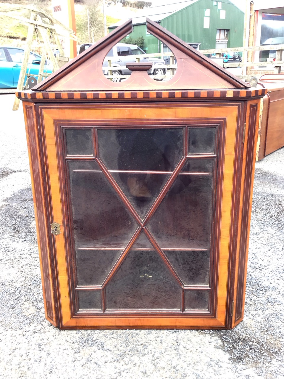 A Victorian mahogany hanging corner cabinet with broken pediment and chequered cornice above an - Image 2 of 3