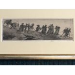 After James Tissot, etching, a parade in period costume dancing behind pipers, from Tissots work
