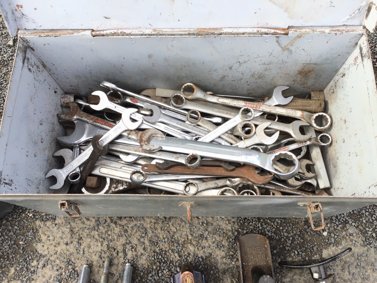 Two Record cast iron bench vices; a large collection of spannersin tin box; and miscellaneous - Image 2 of 3