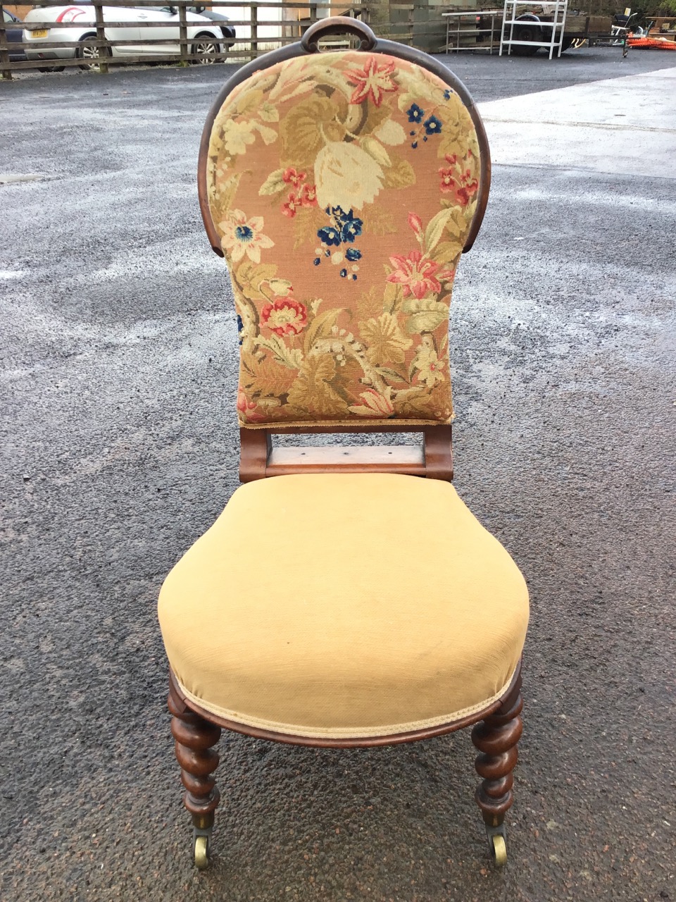 A Victorian mahogany chair with floral woolwork upholstered spoon back above a rounded sprung - Image 2 of 3