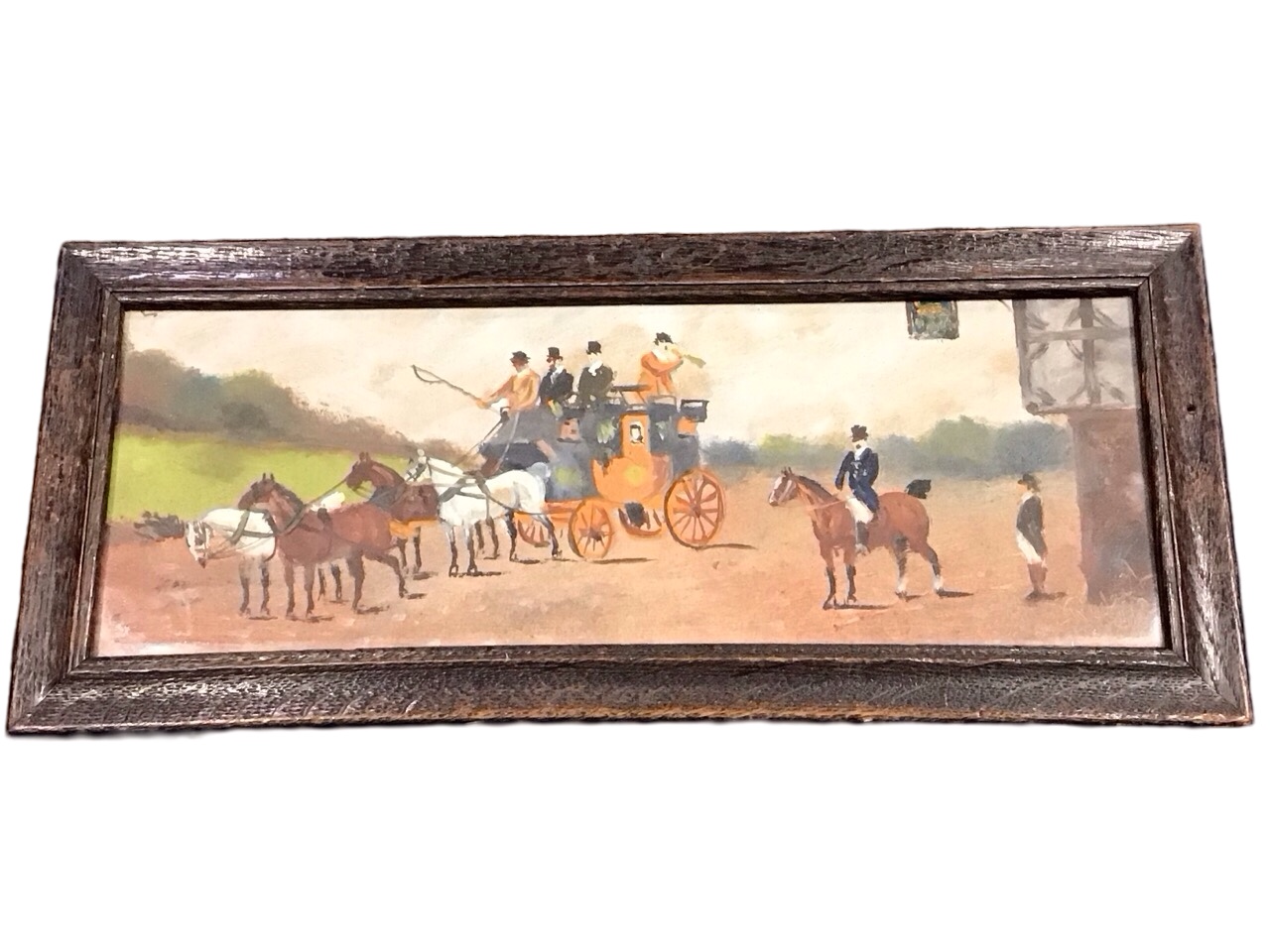 Philip Henry Rideout, oil on card, a stagecoach and rider outside a timbered inn, oak framed. (11.