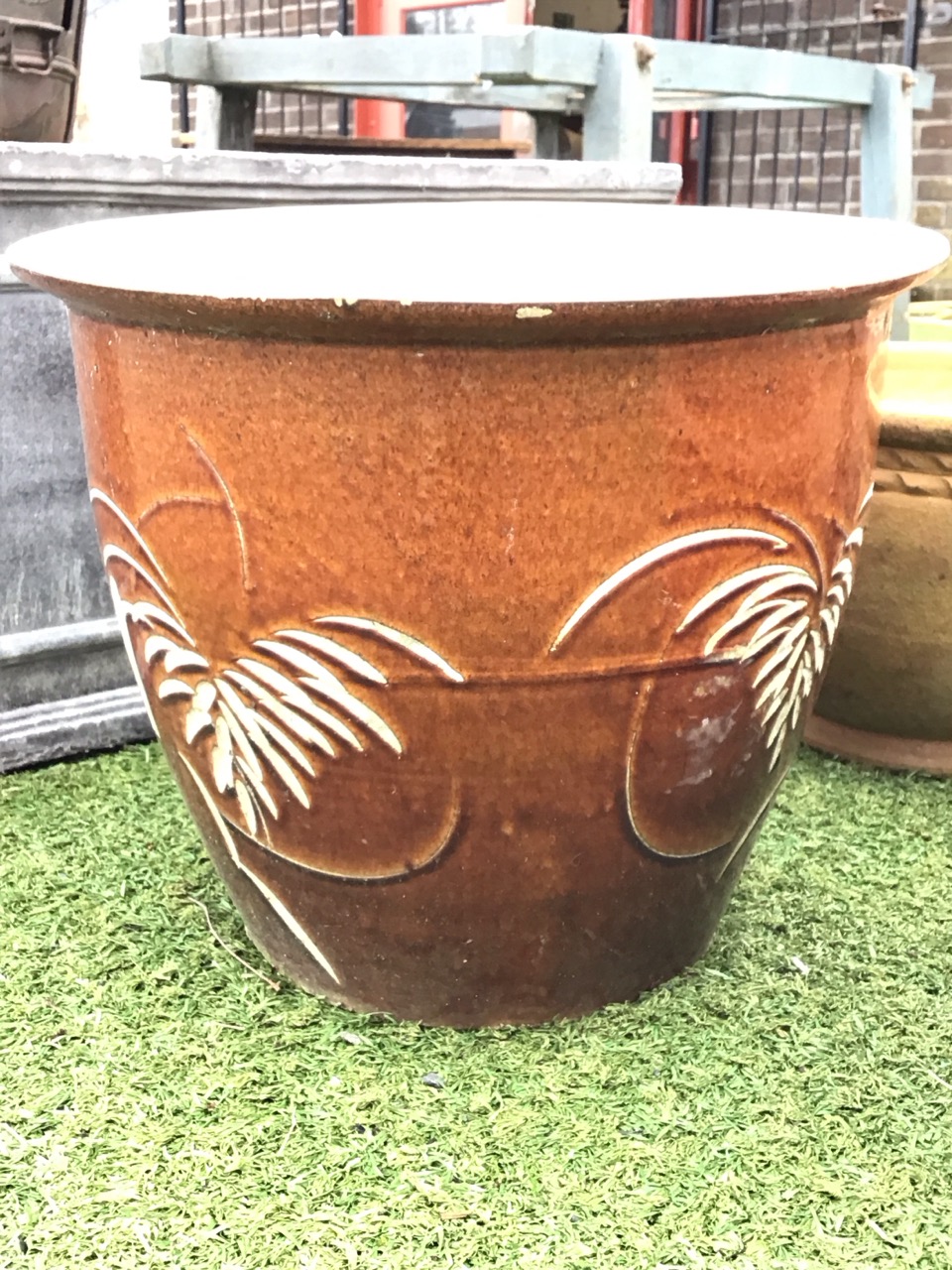 A pair of ribbed terracotta tapering garden pots; a large stoneware tub with scraffito decoration to - Image 2 of 3