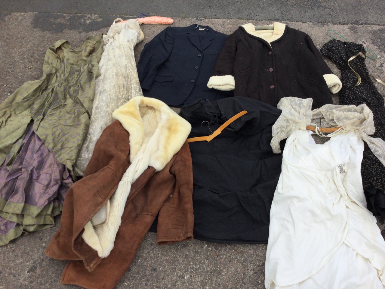 Miscellaneous vintage clothing including sheepskin coats, a wedding dress, Frank Usher, a gents - Image 3 of 3