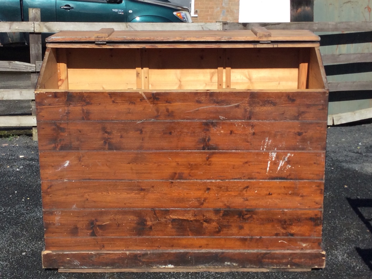 A tongue & groove boarded pine saddle bin, the angled lid with strap hinges, supported on a - Image 2 of 3